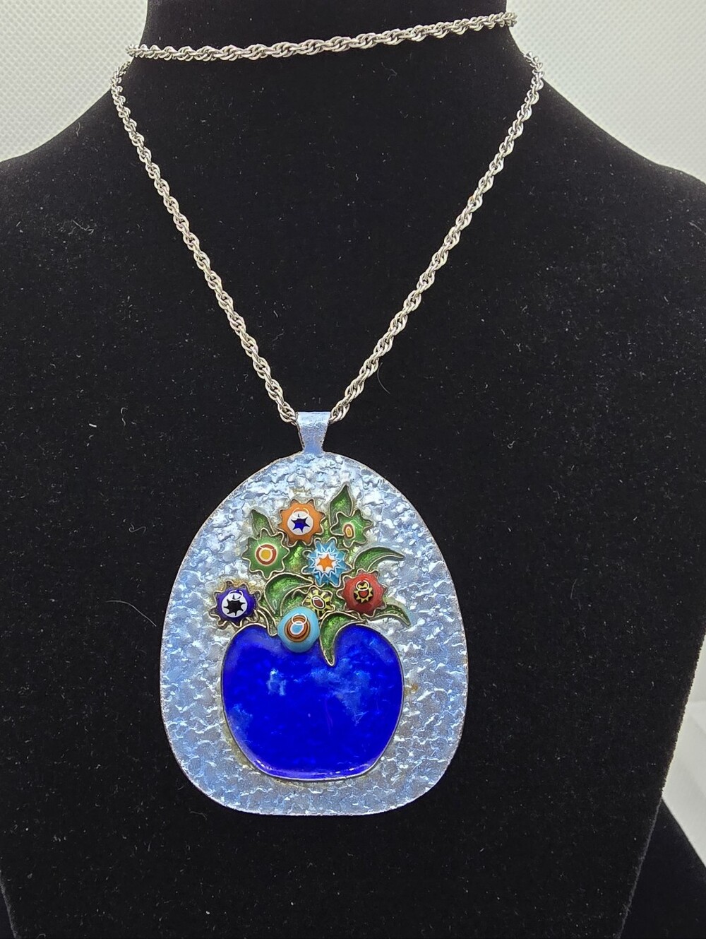 MCM Studio Artisan Champleve Enameled Silver Murano Glass Flower Vase Necklace